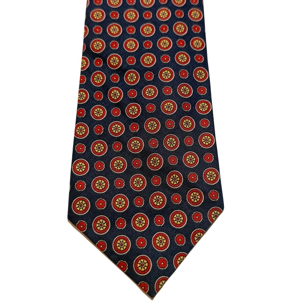 Polo Ralph Lauren Necktie Navy Blue Linen Silk Medallion Geometric Preppy Tie